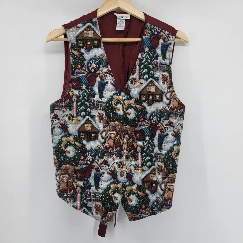 Vintage White Stag Women's Holiday‎ Winter Scene Tapestry Vest Size Large